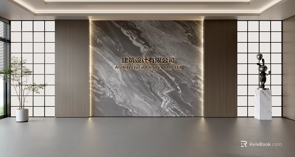 Elegant Modern Marble Background Wall With Company Name And Lattice Windows 3d model 