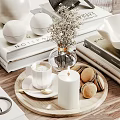 Decorative Ornament Set With Ceramic Bowls White Vases Stacked Books And Green Apples