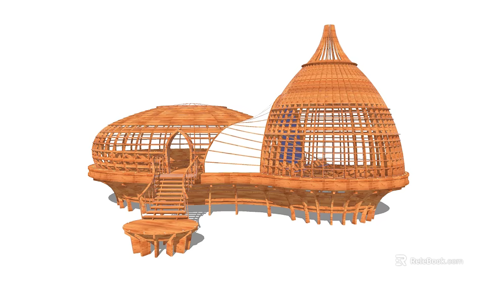 Unique Bamboo Architecture Structure With Circular Design Conical Roof And Staircase 3d model 