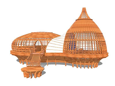 Unique Bamboo Architecture Structure With Circular Design Conical Roof And Staircase 3d model