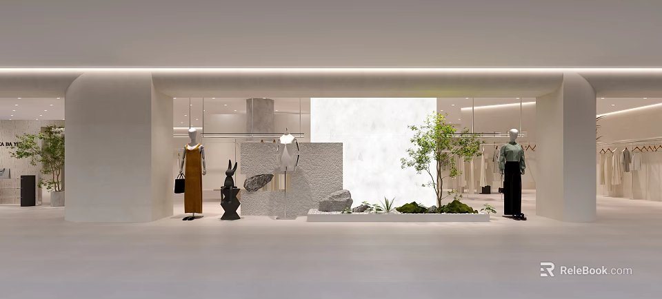 Modern Clothing Store Interior With Mannequins Clothing Displays Decorative Plants And Minimalist Design 3d model 