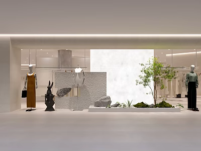 Modern Clothing Store Interior With Mannequins Clothing Displays Decorative Plants And Minimalist Design 3d model