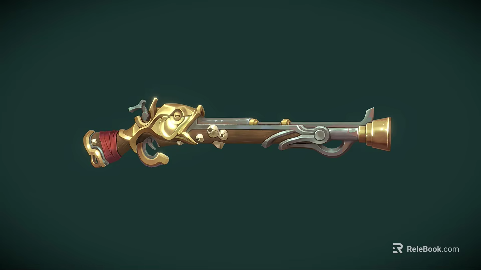 Vintage Flintlock Pistol with Golden Ornate Accents Red Leather Grip and Metallic Barrel Design 3d model 