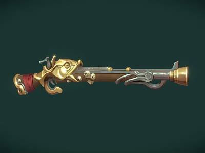 Vintage Flintlock Pistol with Golden Ornate Accents Red Leather Grip and Metallic Barrel Design 3d model