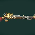 Vintage Flintlock Pistol with Golden Ornate Accents Red Leather Grip and Metallic Barrel Design