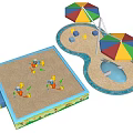 Outdoor Garden Landscape With Children's Sandpit Colorful Umbrellas And Play Toys