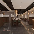 Sichuan Restaurant Interior Design With Wooden Reception Counter Hanging Lamps And Food Display Shelves