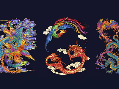 Chinese Traditional Colorful Dragon Phoenix Wall Decor With Intricate Patterns And Vibrant Hues 3d model