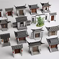 Traditional Chinese Ancient Architecture Models with Various Structures Classic Roofs and Small Tree