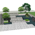 Garden Ornamental Features With Stone Steps Green Trees Grass And Water