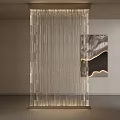 Modern Illuminated Room Divider With Vertical Metal Slats And Interior Ambience