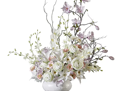 Elegant Floral Arrangement With White Roses Orchids And Twigs In Ceramic Vase 3d model