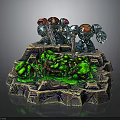 Two Armored Robots Battling Green Creatures On Rock Platform With Green Ooze