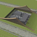 Wooden Fence In Front Of Triangular Roof Building With Green Trees Lawn And Person Standing