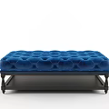 Elegant Blue Velvet Tufted Ottoman With Decorative Buttons And Wooden Legs