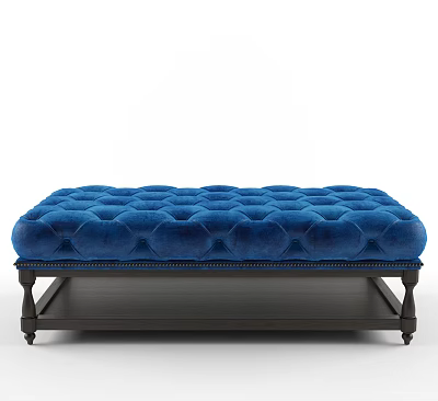 Elegant Blue Velvet Tufted Ottoman With Decorative Buttons And Wooden Legs 3d model
