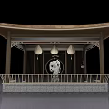 Traditional Courtyard Garden Pavilion with Wooden Structure Hanging Lanterns Traditional Roof and Stone Railing