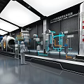 Industrial Technology Showcase With Large Machinery And Display Cabinets