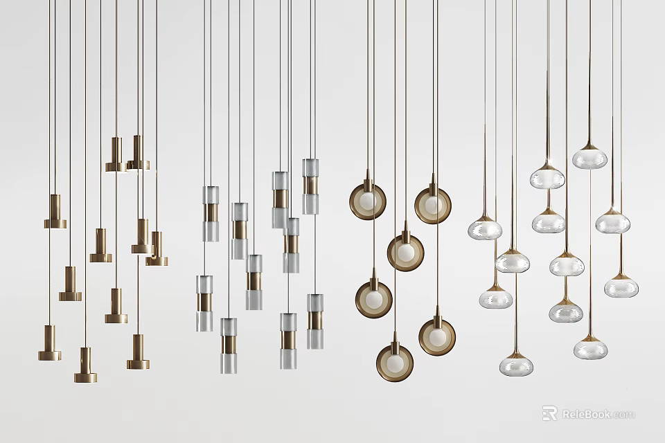 Stylish Hanging Pendant Lights With Metallic And Glass Designs In Spherical And Cylindrical Forms 3d model 