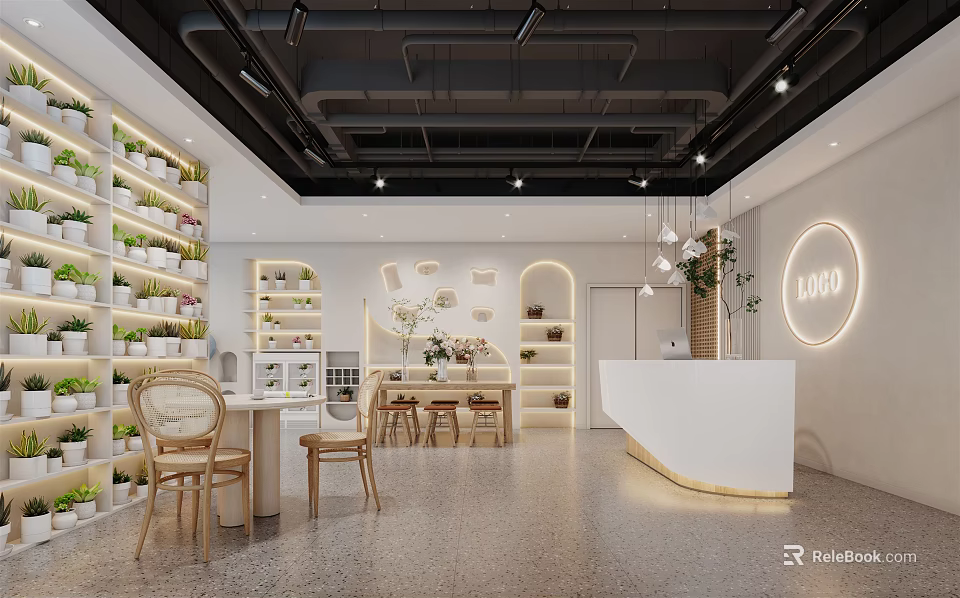Modern Boutique Store Interior Featuring Shelves With Products White Counter And Wooden Chairs 3d model 