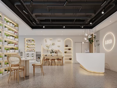 Modern Boutique Store Interior Featuring Shelves With Products White Counter And Wooden Chairs 3d model