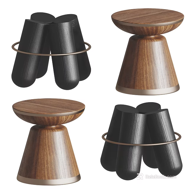 Modern Contemporary Side Table With Walnut Round Top Black Geometric Base And Metal Ring Accent 3d model 