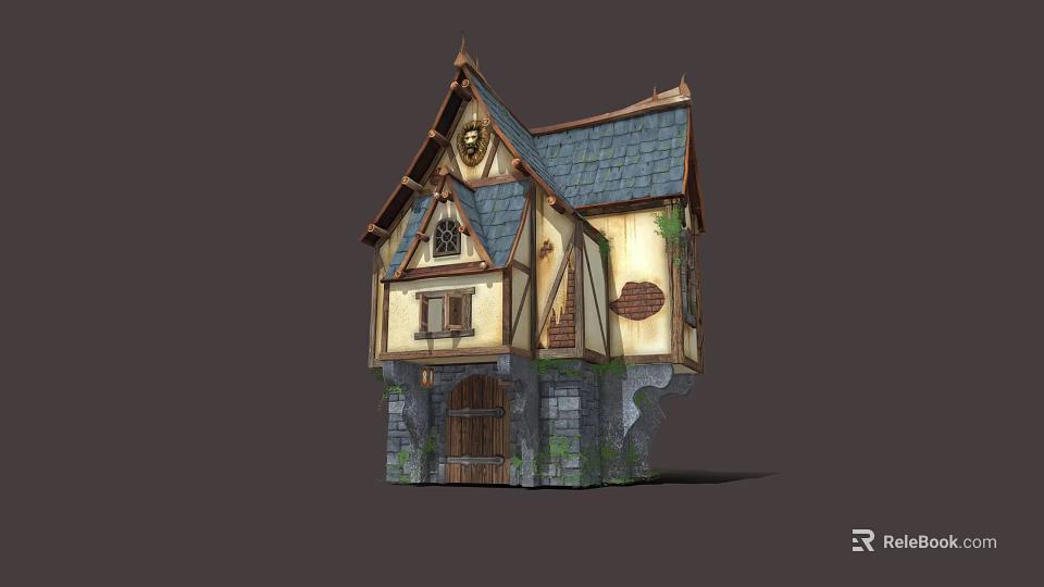 Fantasy Medieval House With Blue Tile Roof Wooden Structure And Stone Base 3d model 