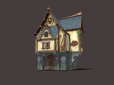 Fantasy Medieval House With Blue Tile Roof Wooden Structure And Stone Base 3d model