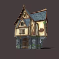 Fantasy Medieval House With Blue Tile Roof Wooden Structure And Stone Base