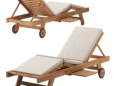 Outdoor Cushioned Wooden Lounge Chair with Rolling Wheels and Adjustable Backrest 3d model