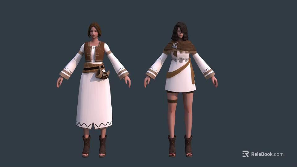 Game Movie Female Characters With White Long Short Costumes And Brown Decorative Accents 3d model 