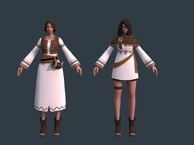 Game Movie Female Characters With White Long Short Costumes And Brown Decorative Accents 3d model