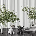 Stylish Decorative Ornament Set With Green Plants In Glass Vases Animal Figurines And Books