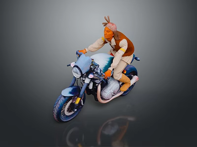 Man Riding Blue And White Motorcycle Wearing Brown Vest And Animal Ear Hat 3d model