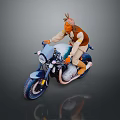 Man Riding Blue And White Motorcycle Wearing Brown Vest And Animal Ear Hat