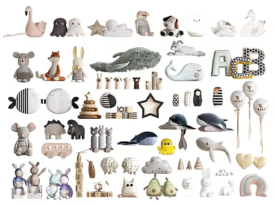 Cute Plush Animal Toys Collection With Various Shapes Colors And Cartoon Designs For Children 3d model