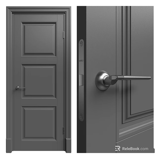 Modern Gray Swing Door With Panel Design And Chrome Handle For Home Interior 3d model