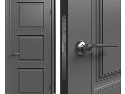 Modern Gray Swing Door With Panel Design And Chrome Handle For Home Interior 3d model