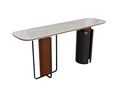 Modern Long Console Table With Light Tabletop Metal Frame Brown Panel And Black Cylindrical Support 3d model