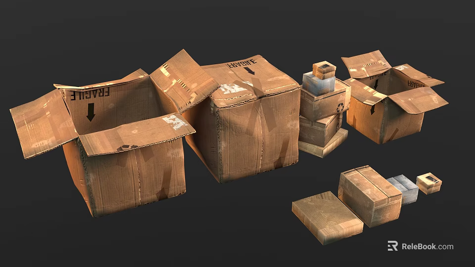 Various Open And Stacked Cardboard Boxes With Fragile Labels And Different Sizes 3d model