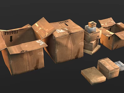 Various Open And Stacked Cardboard Boxes With Fragile Labels And Different Sizes 3d model