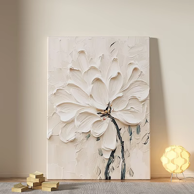 White Textured Flower Painting As Modern Wall Decor With Yellow Lamp 3d model