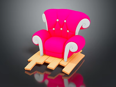 Pink Single Sofa with White Trim and Decorative Buttons on Wooden Platform against Black Background 3d model