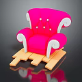Pink Single Sofa with White Trim and Decorative Buttons on Wooden Platform against Black Background