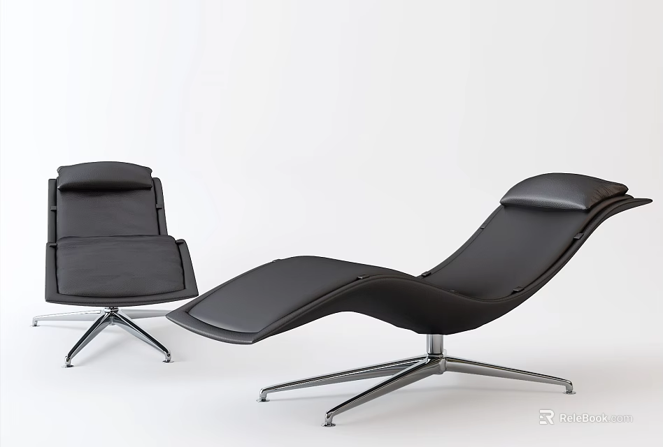Modern Black Leather Lounge Chair With Curved Design And Metal Base 3d model 