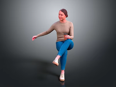 Casual Woman Sitting With Crossed Legs Holding Coffee Cup On Dark Background 3d model