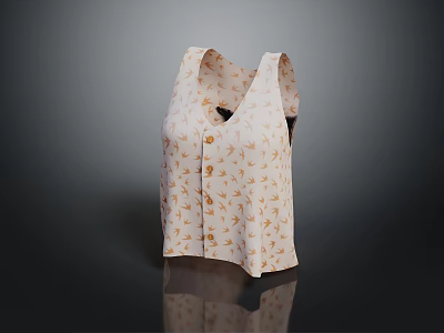 Women's Beige Sleeveless Vest With Orange Floral Print And Button Design 3d model