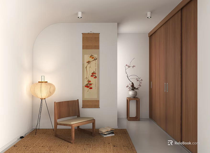 Cozy Lounge Room With Wooden Cabinet Chair Floor Lamp Decorative Painting And Rug 3d model 