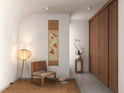 Cozy Lounge Room With Wooden Cabinet Chair Floor Lamp Decorative Painting And Rug 3d model