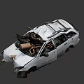 White Abandoned Car With Damaged Roof Broken Body And Debris Inside